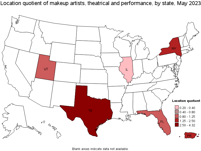 Map of location quotient of makeup artists, theatrical and performance by state, May 2023