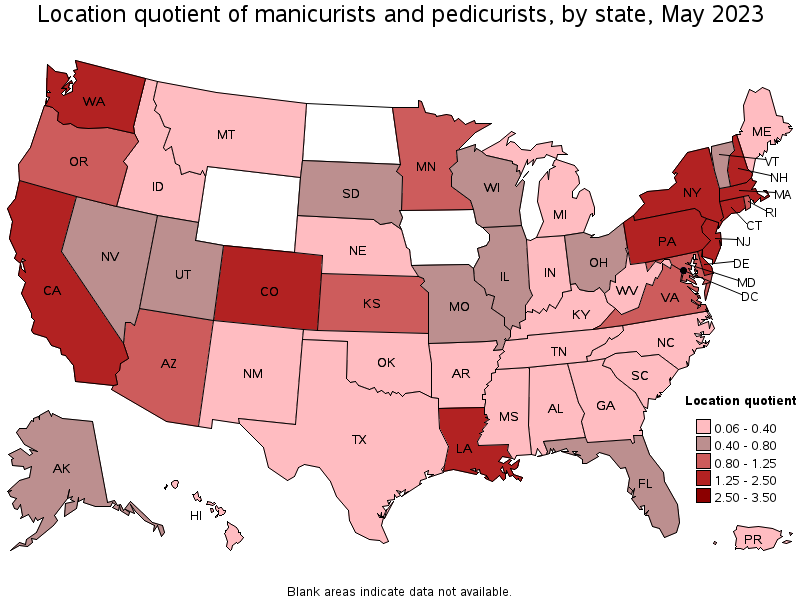 Map of location quotient of manicurists and pedicurists by state, May 2023