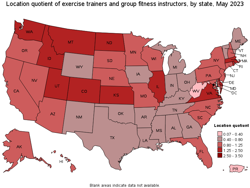 Map of location quotient of exercise trainers and group fitness instructors by state, May 2023