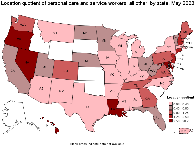 Map of location quotient of personal care and service workers, all other by state, May 2023