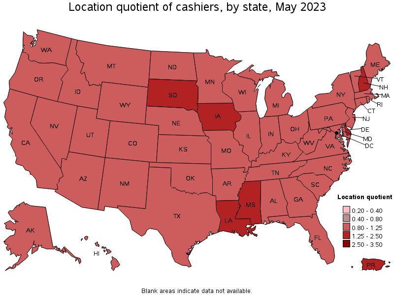 Map of location quotient of cashiers by state, May 2023