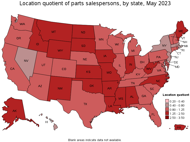 Map of location quotient of parts salespersons by state, May 2023