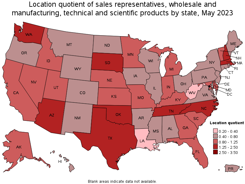 Map of location quotient of sales representatives, wholesale and manufacturing, technical and scientific products by state, May 2023