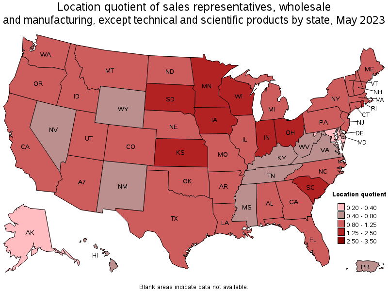 Map of location quotient of sales representatives, wholesale and manufacturing, except technical and scientific products by state, May 2023