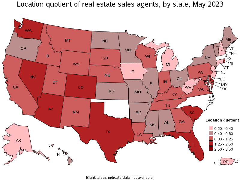 Map of location quotient of real estate sales agents by state, May 2023