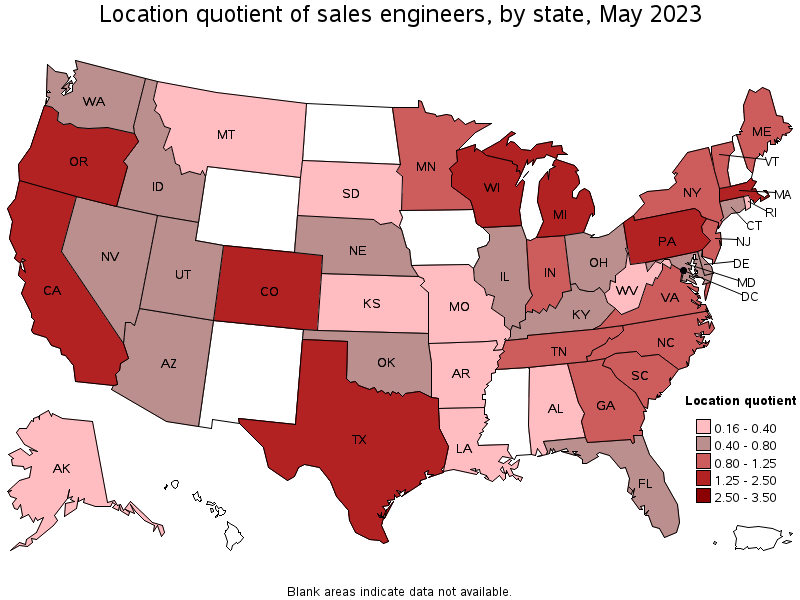 Map of location quotient of sales engineers by state, May 2023