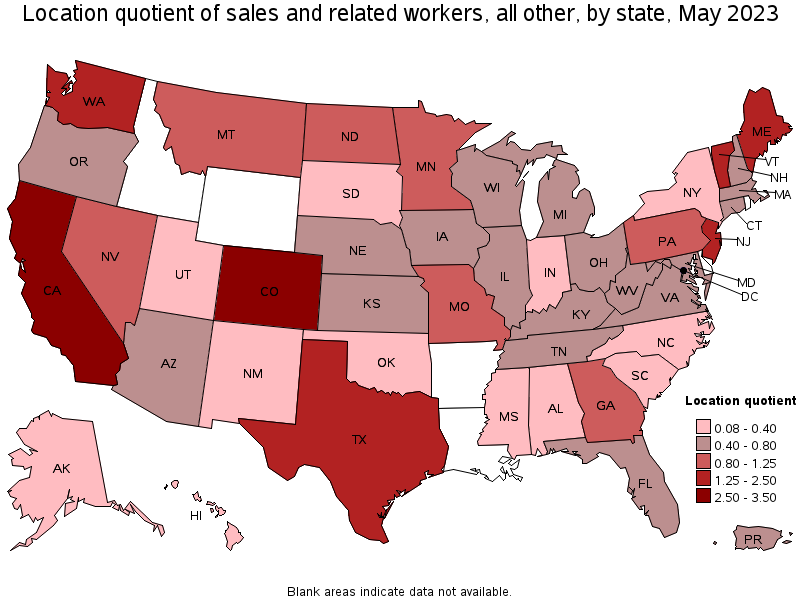 Map of location quotient of sales and related workers, all other by state, May 2023