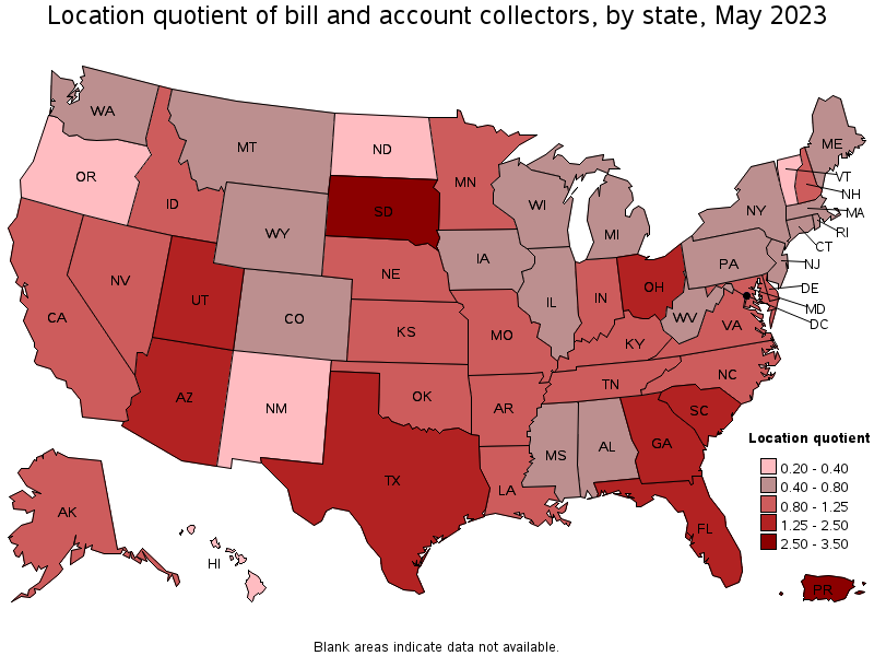 Map of location quotient of bill and account collectors by state, May 2023