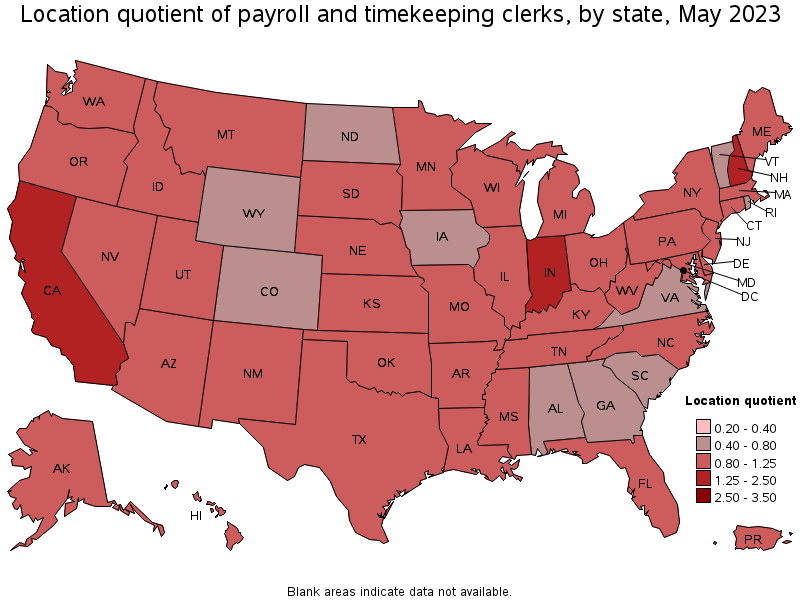 Map of location quotient of payroll and timekeeping clerks by state, May 2023