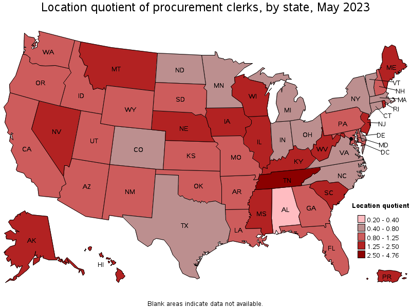 Map of location quotient of procurement clerks by state, May 2023