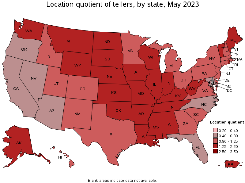 Map of location quotient of tellers by state, May 2023