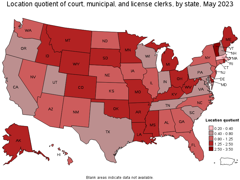 Map of location quotient of court, municipal, and license clerks by state, May 2023