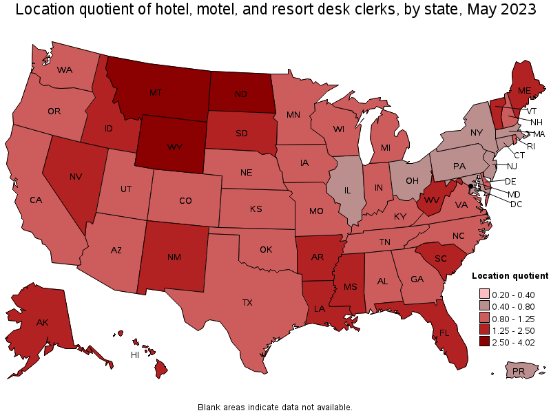 Map of location quotient of hotel, motel, and resort desk clerks by state, May 2023