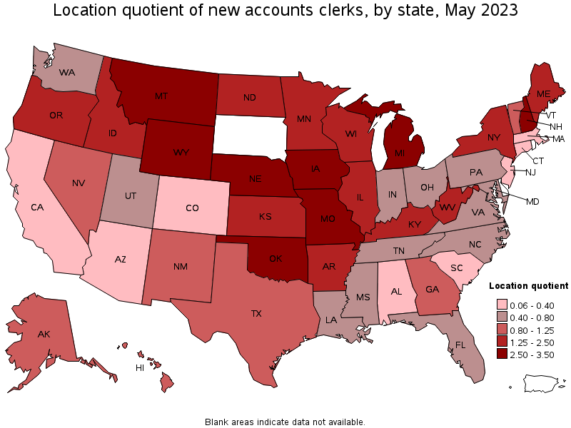 Map of location quotient of new accounts clerks by state, May 2023