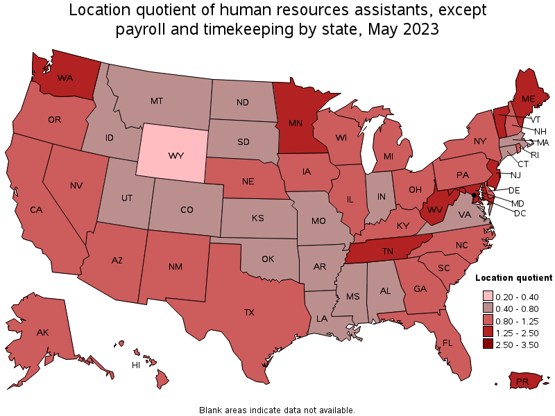 Map of location quotient of human resources assistants, except payroll and timekeeping by state, May 2023
