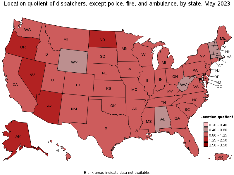 Map of location quotient of dispatchers, except police, fire, and ambulance by state, May 2023