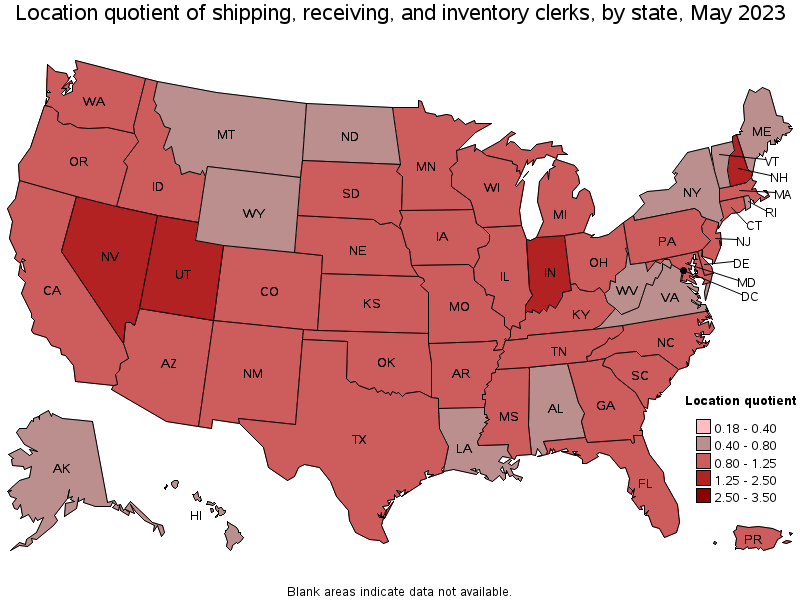 Map of location quotient of shipping, receiving, and inventory clerks by state, May 2023