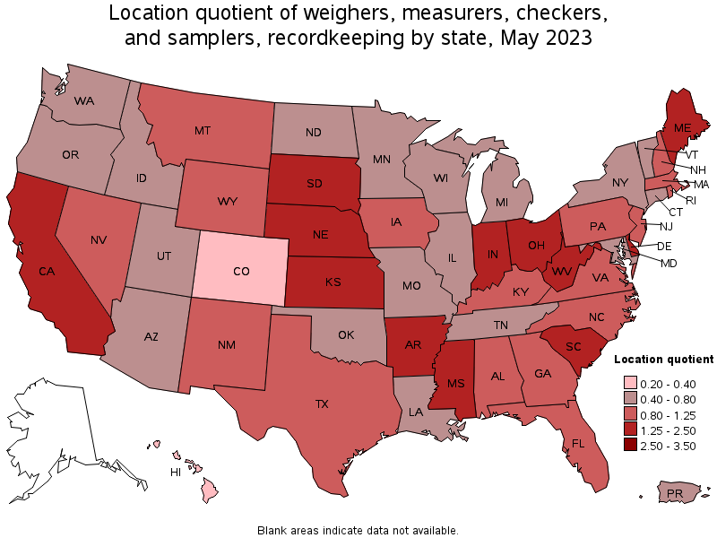 Map of location quotient of weighers, measurers, checkers, and samplers, recordkeeping by state, May 2023