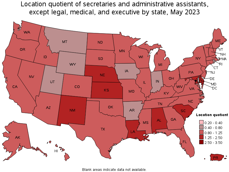 Map of location quotient of secretaries and administrative assistants, except legal, medical, and executive by state, May 2022
