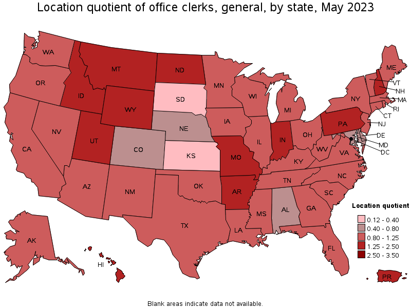 Map of location quotient of office clerks, general by state, May 2023
