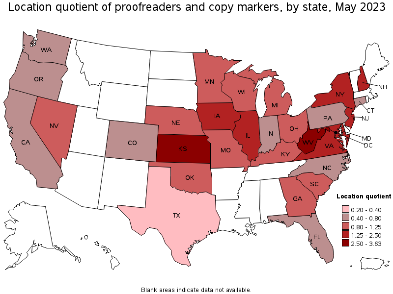 Map of location quotient of proofreaders and copy markers by state, May 2023