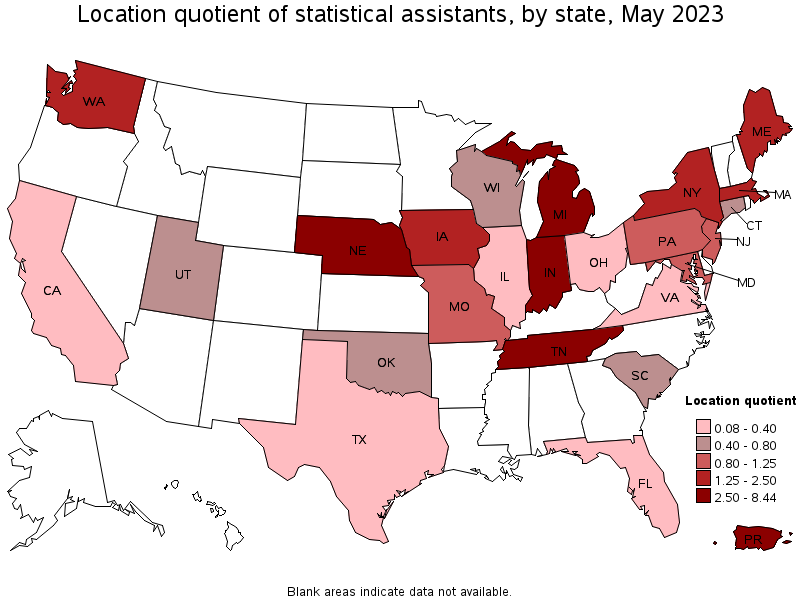 Map of location quotient of statistical assistants by state, May 2023