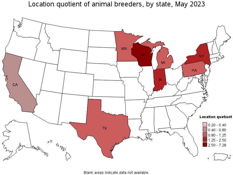 Map of location quotient of animal breeders by state, May 2023