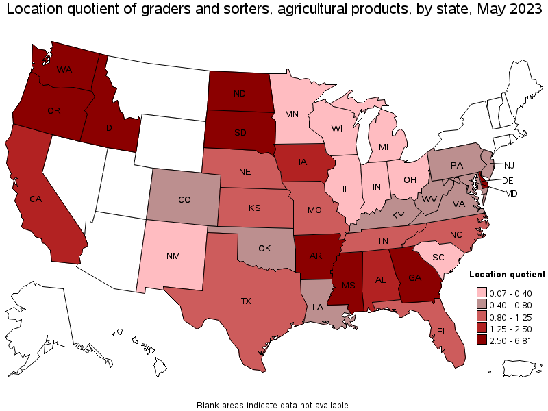 Map of location quotient of graders and sorters, agricultural products by state, May 2023