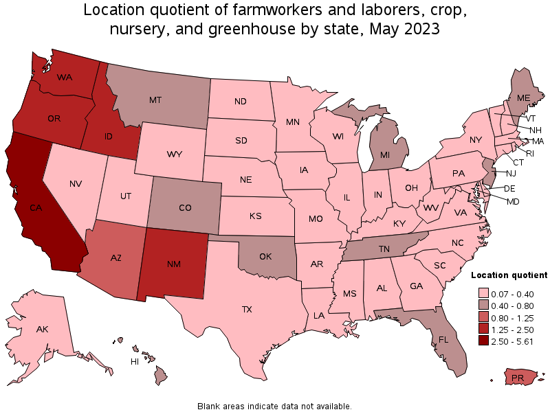 Map of location quotient of farmworkers and laborers, crop, nursery, and greenhouse by state, May 2023