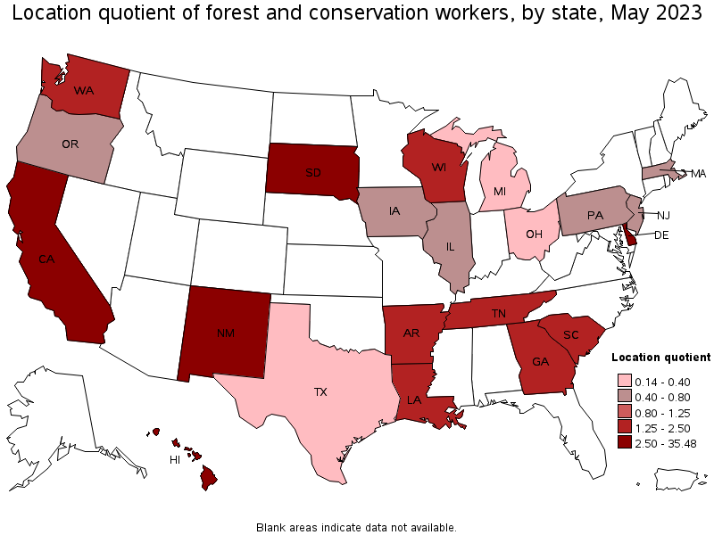 Map of location quotient of forest and conservation workers by state, May 2023