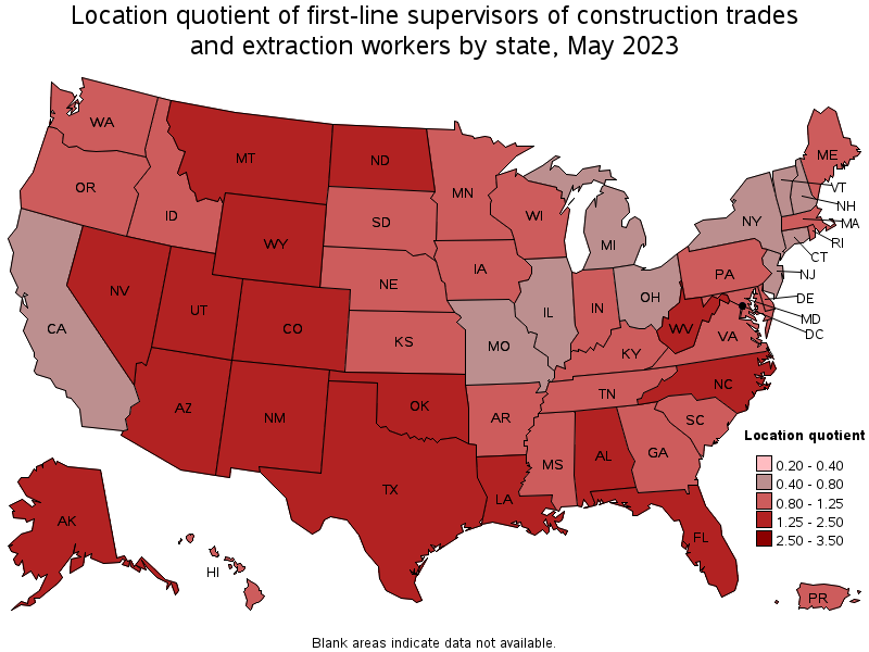 Map of location quotient of first-line supervisors of construction trades and extraction workers by state, May 2023