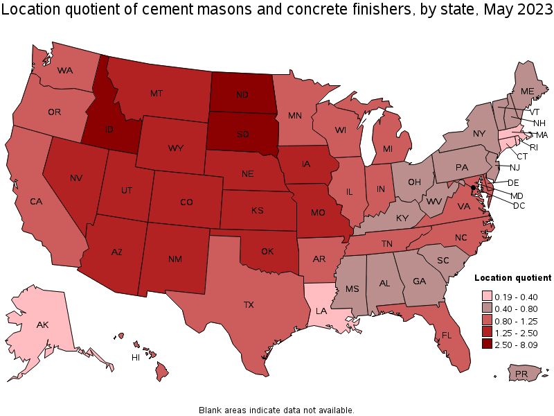 Map of location quotient of cement masons and concrete finishers by state, May 2023