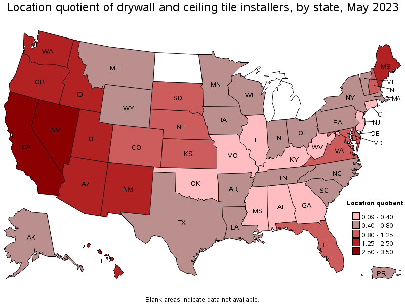 Map of location quotient of drywall and ceiling tile installers by state, May 2023