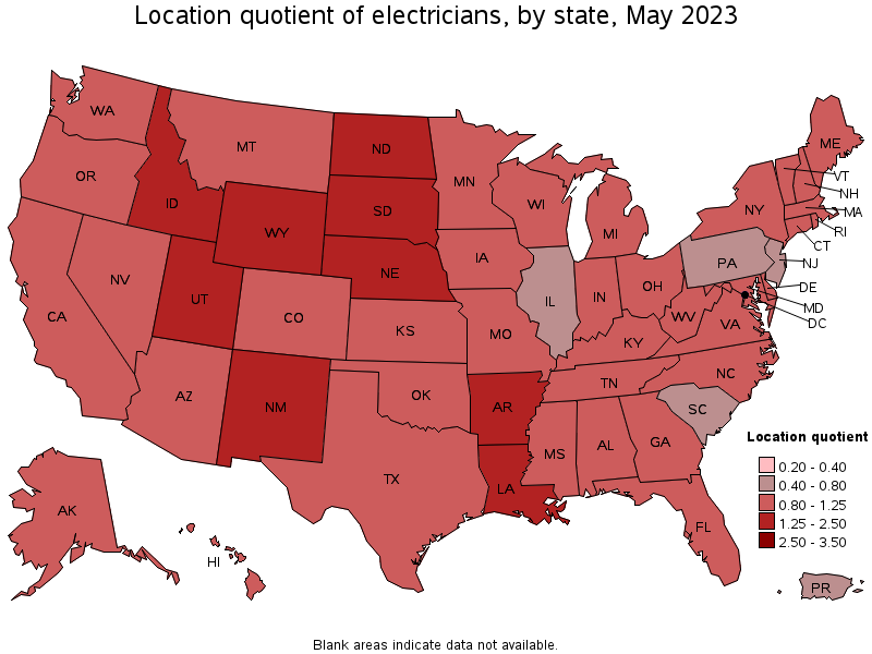 Map of location quotient of electricians by state, May 2023