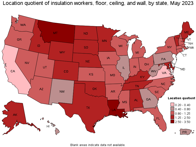 Map of location quotient of insulation workers, floor, ceiling, and wall by state, May 2023