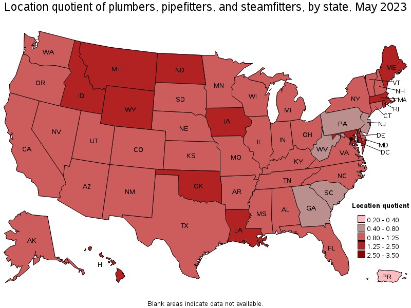 Map of location quotient of plumbers, pipefitters, and steamfitters by state, May 2023