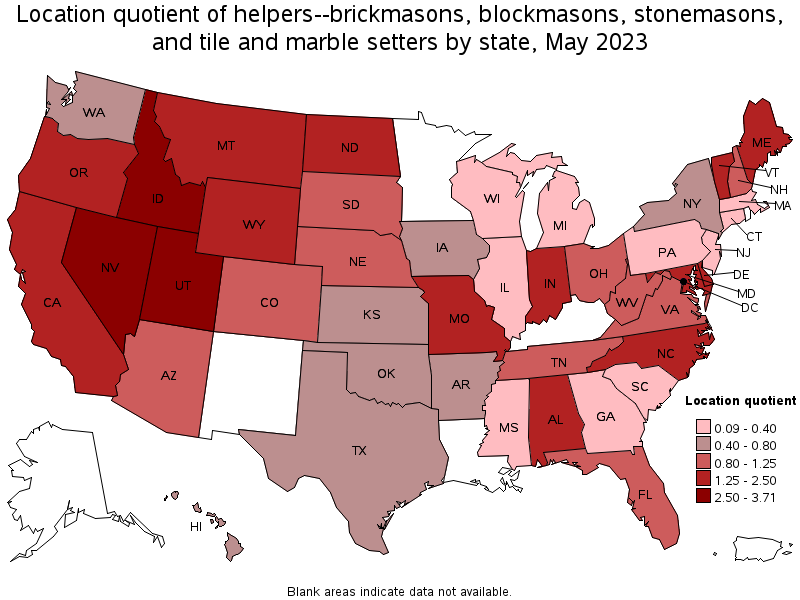 Map of location quotient of helpers--brickmasons, blockmasons, stonemasons, and tile and marble setters by state, May 2023
