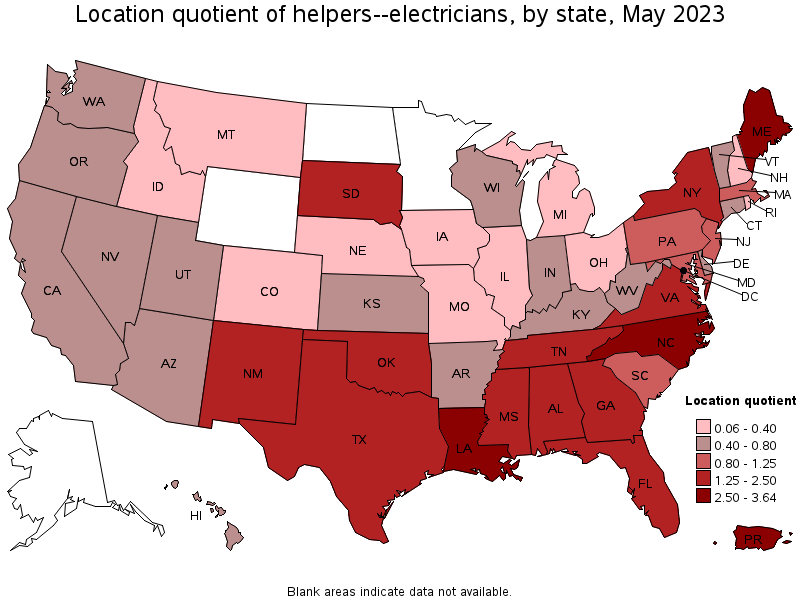 Map of location quotient of helpers--electricians by state, May 2023