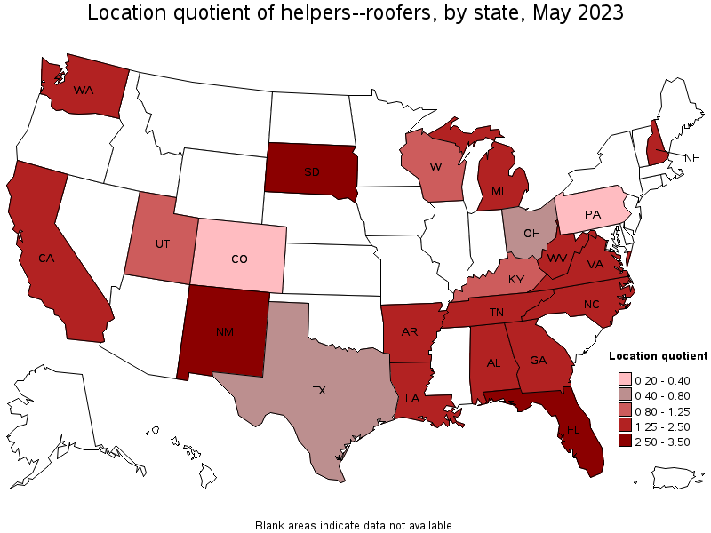 Map of location quotient of helpers--roofers by state, May 2023