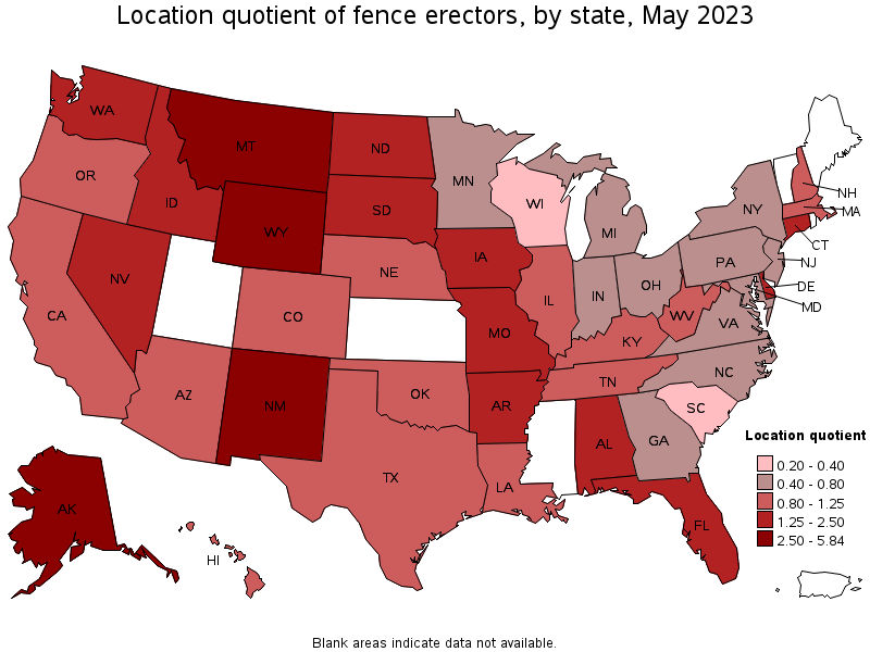 Map of location quotient of fence erectors by state, May 2023