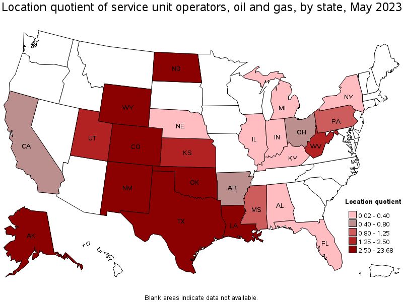 Map of location quotient of service unit operators, oil and gas by state, May 2023