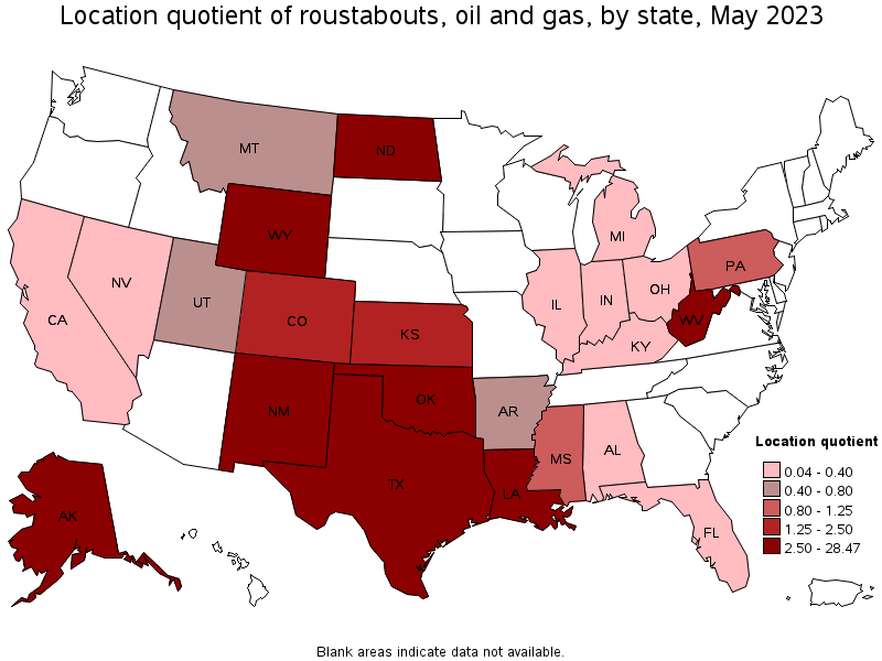 Map of location quotient of roustabouts, oil and gas by state, May 2023