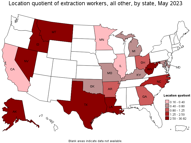 Map of location quotient of extraction workers, all other by state, May 2023