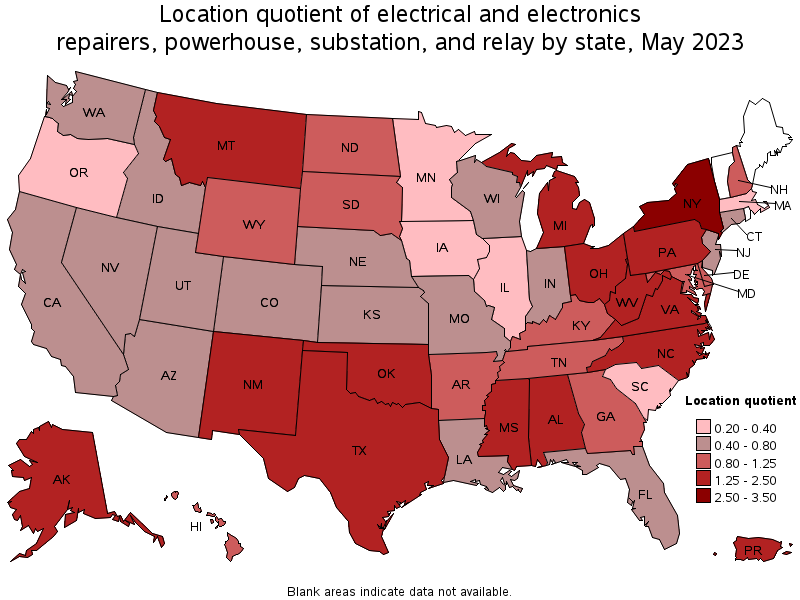 Map of location quotient of electrical and electronics repairers, powerhouse, substation, and relay by state, May 2023
