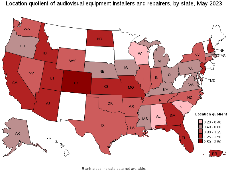 Map of location quotient of audiovisual equipment installers and repairers by state, May 2023