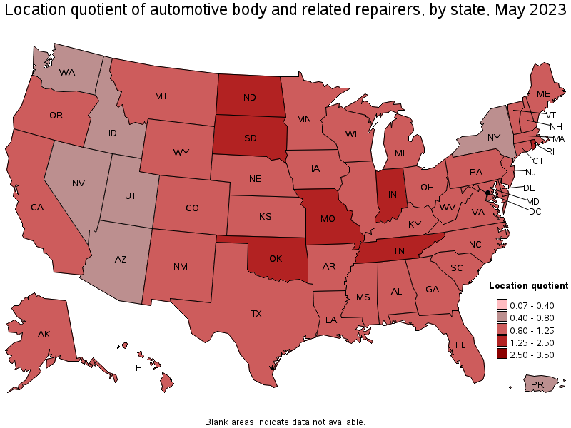 Map of location quotient of automotive body and related repairers by state, May 2023