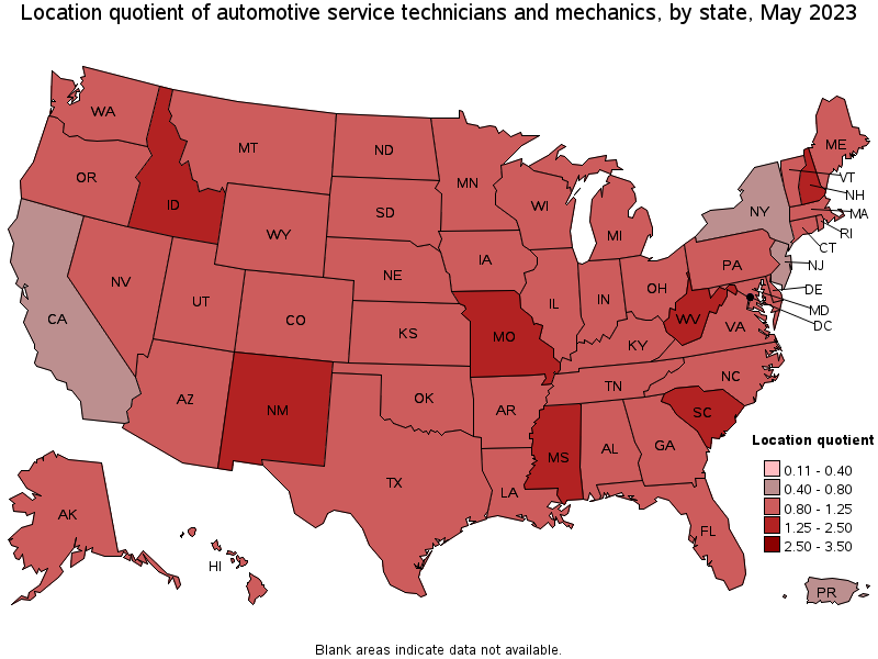 Map of location quotient of automotive service technicians and mechanics by state, May 2023