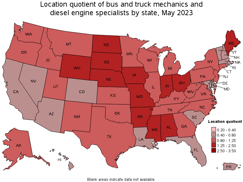Map of location quotient of bus and truck mechanics and diesel engine specialists by state, May 2023
