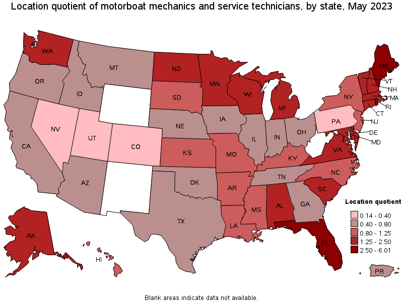 Map of location quotient of motorboat mechanics and service technicians by state, May 2023