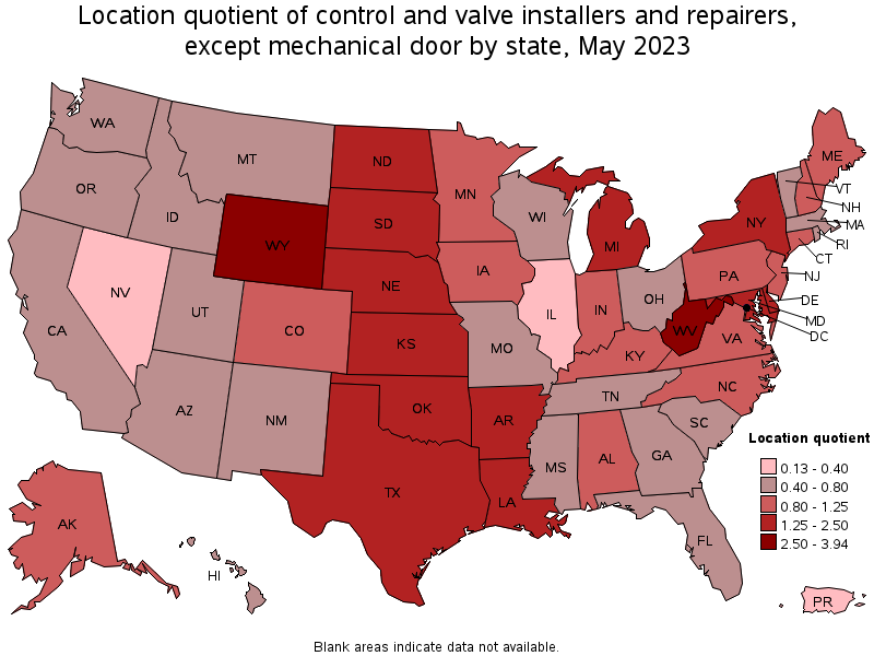 Map of location quotient of control and valve installers and repairers, except mechanical door by state, May 2023